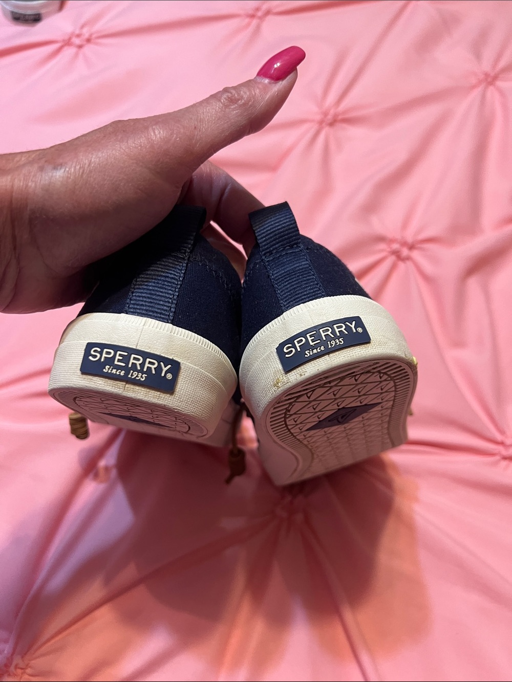 Sperry Navy Canvas Sneakers with Brown Laces - Picture 2 of 4